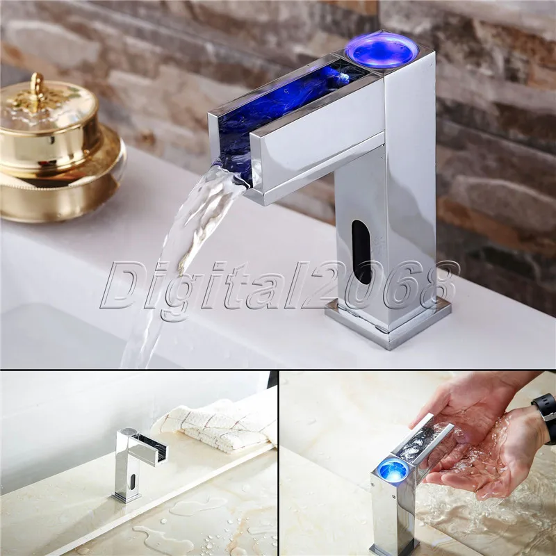 New Automatic Touchless LED Sensor Waterfall Bathroom Lavatory Chrome Faucet Up Open Channel