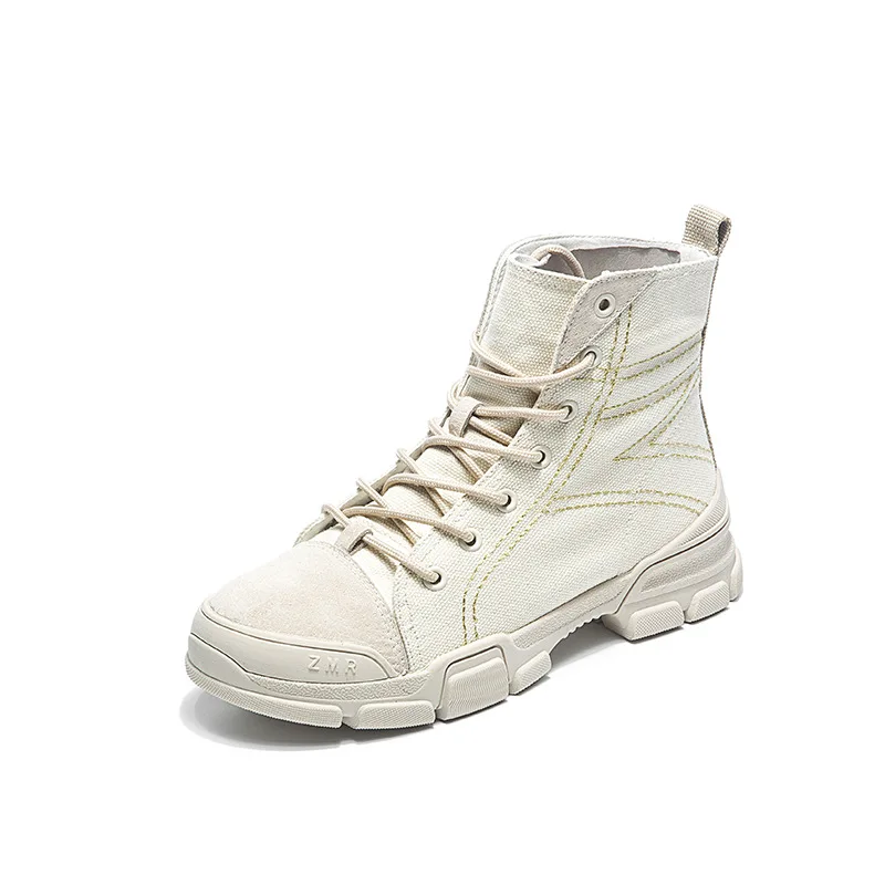 

2018 Winter The Flat Canvas Boots for Women genuine leather Martin boots British style lace-up shoes