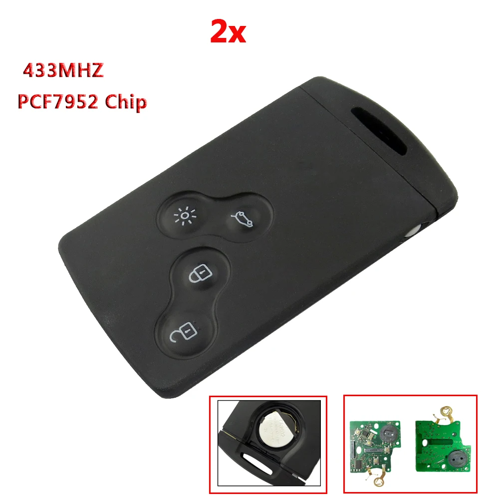 

2PCS Remote Key Smart Card Car Key Fob 433MHZ PCF7952 Chip Uncut Blade 4 Buttons For Renault Megane Scenic Laguna Koleos Clio