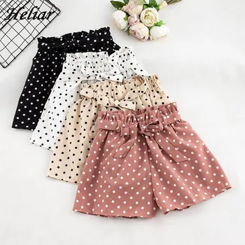 

HELIAR Polka Dots Shorts Femme Solid Lady Hot Short Bow Knot Panties Elastic Shorts Beach Femme With Belts 2019 Summer Shorts