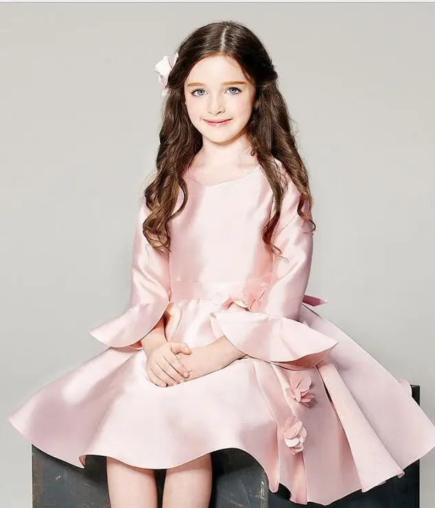 

Elegant Girl Dress Girls 2016 Autumn Fashion Pink Satin Flower Party Tulle Flower Princess Wedding Dresses Baby Girl dress,3-14Y