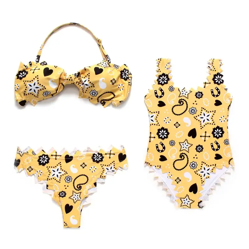 

Mother Daughter Bohemian Paisley Floral Star Heart Printed Swimsuit Summer Irregular Triangle Hem Bikini Set Family Matching Bat