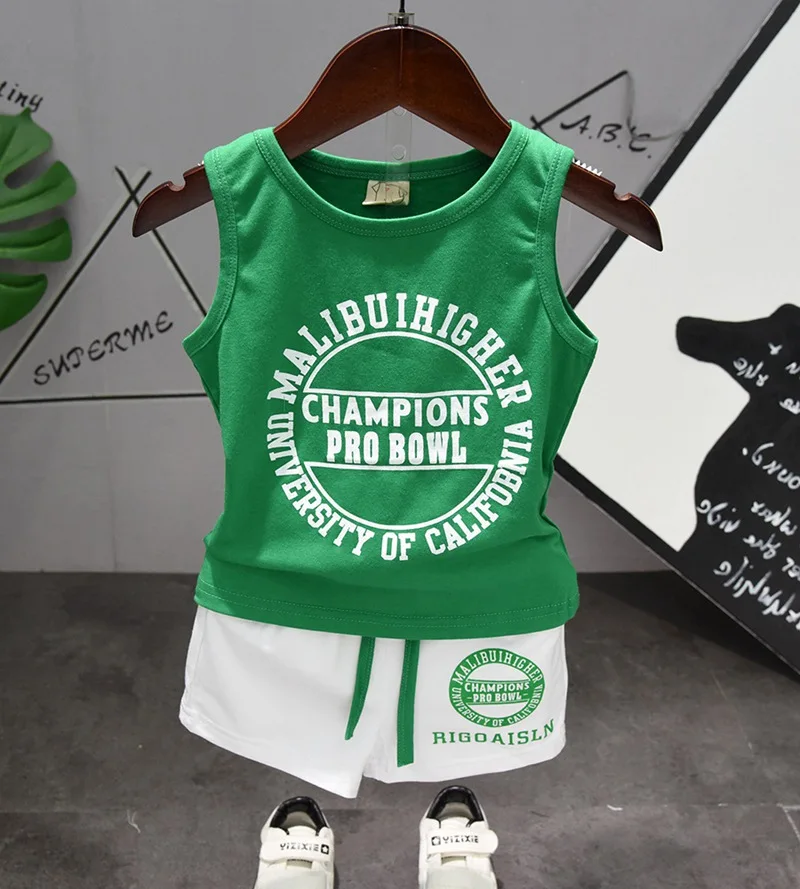 

2019 Summer Children kid's boys cute letter print sleeveless vest sports t-shirt + shorts 2 pcs Clothes Set C2285