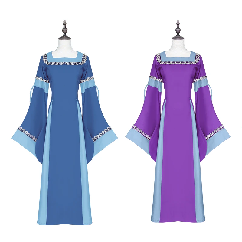 Женские средневековые платье квадратный воротник с длинным рукавом Труба рукава длинное платье Костюмы Женская одежда