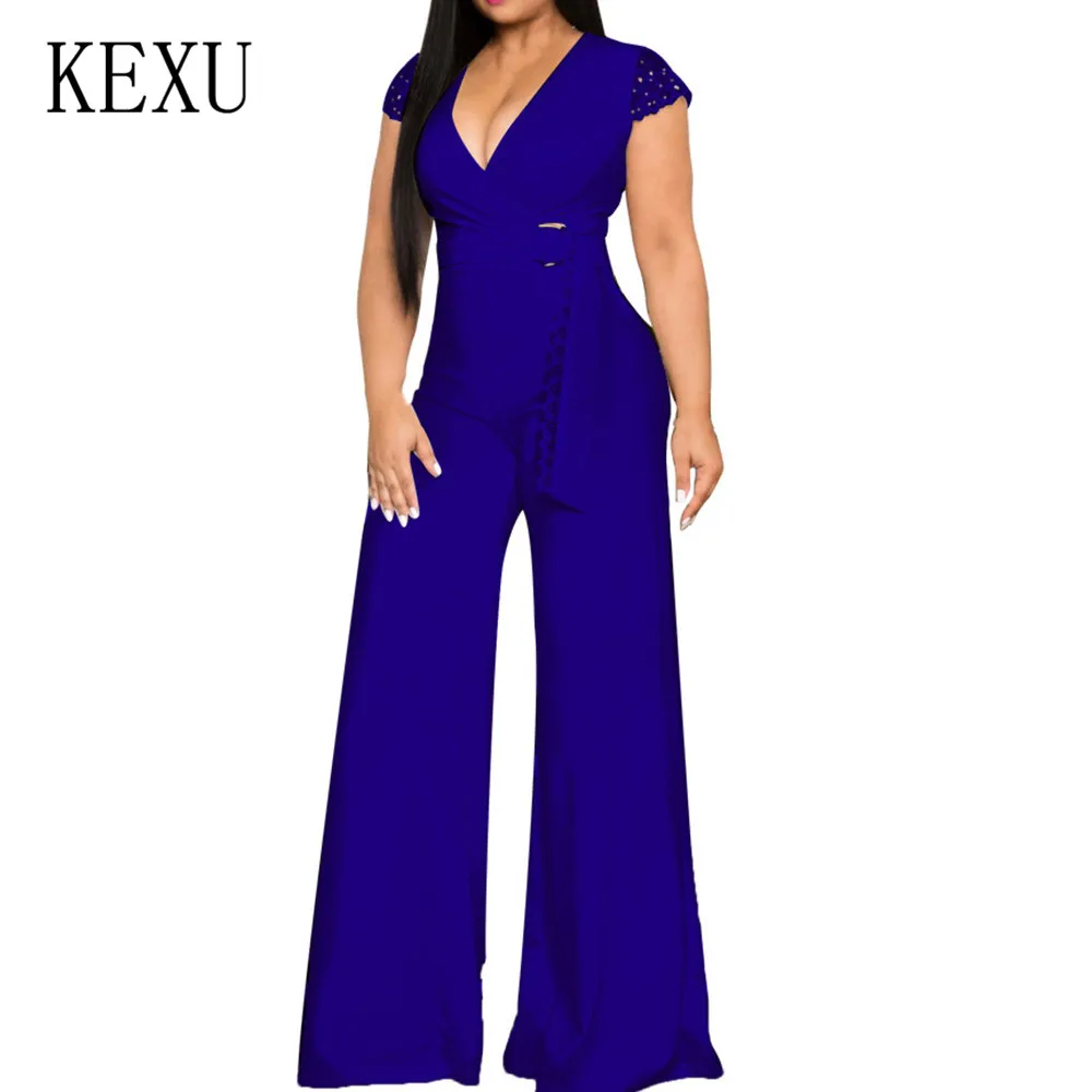 KEXU Romper Jumpsuits with Waist Belt for Women Sexy V-neck Wide Leg Playsuits Summer Casual Office Ladies Fashion Overalls KEXU Romper Jumpsuits with Waist Belt for Women Sexy V-neck Wide Leg Playsuits Summer Casual Office Ladies Fashion Overalls