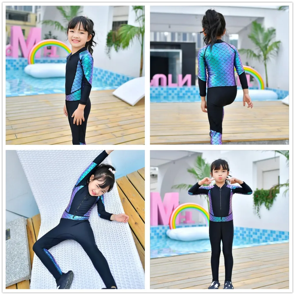 

New Fashion mermaid kids surf diving snorkeling suit girls long sleeve full body One piece wetsuit UV protection swimwear zip