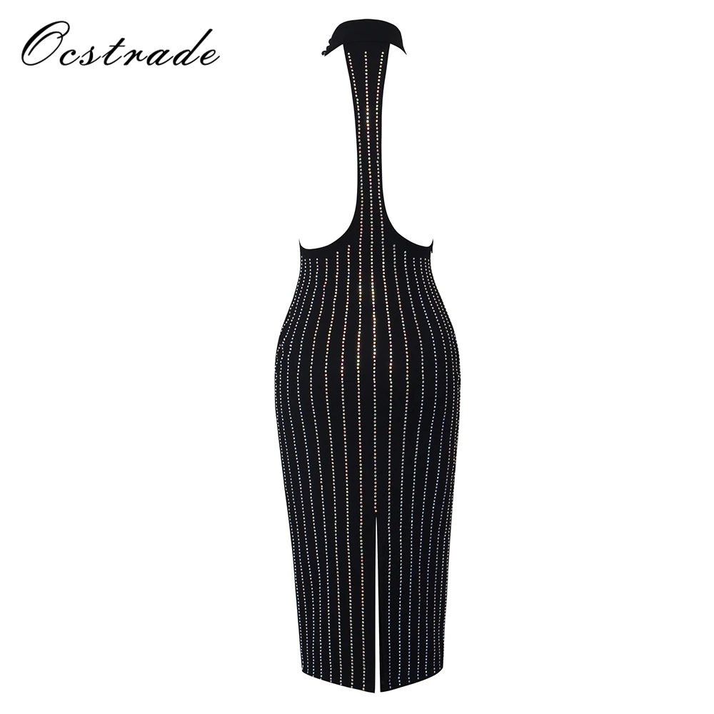 Ocstrade сексуальные платья новое поступление черное с высоким воротом без рукавов миди с бисером сзади с разрезом сексуальное облегающее платье