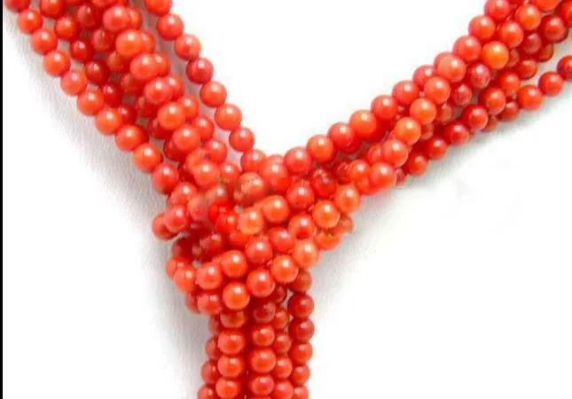 Super Long красный 3 пряди Coral& White Pearl Цепочки и ожерелья