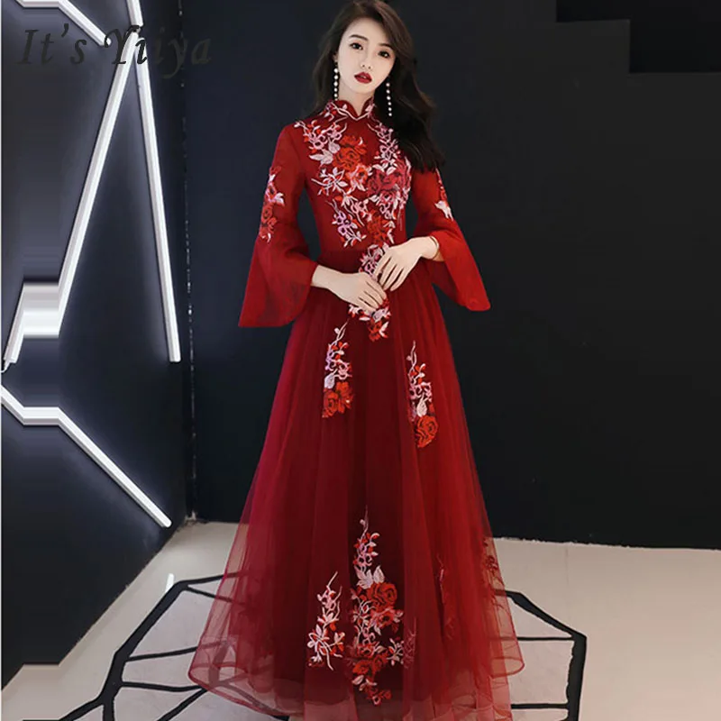 

Evening Dress Red Slim 2019 Floral High Collar Women Party Dresses Long Prom Dresses Plus Size Full Sleeve Robe De Soiree E476