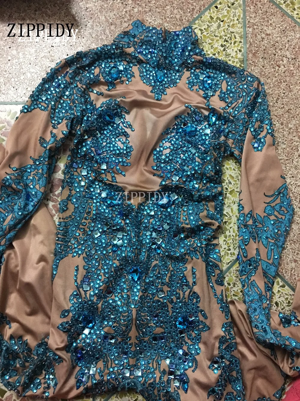 Синий блестящий комбинезон с камнями, модный сексуальный костюм для танцев телесного цвета, Цельный боди, вечерние леггинсы для ночного клуба