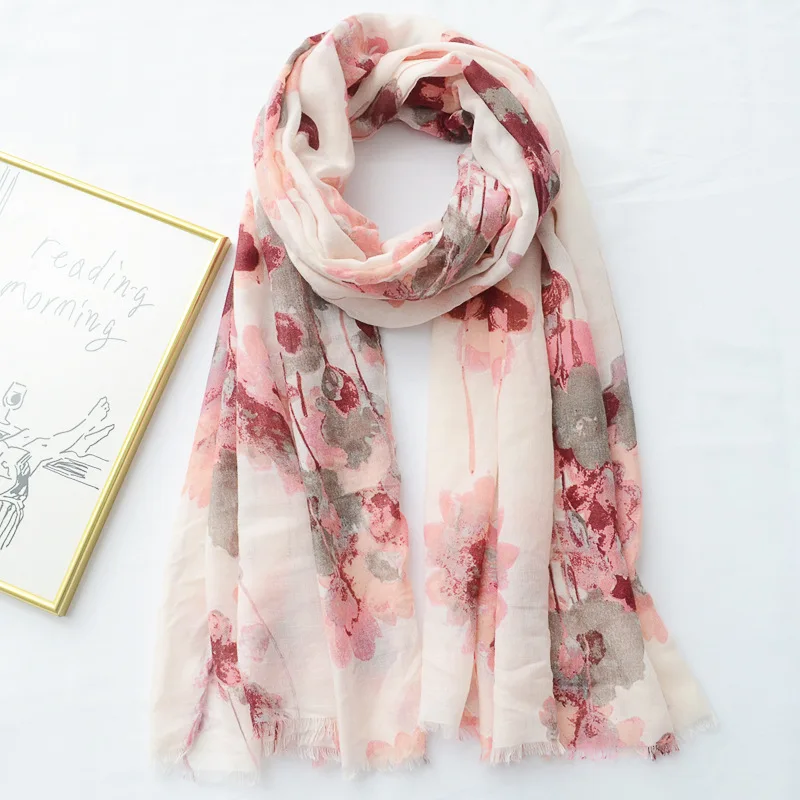 

New Scarf Sweet Pink Splash Ink Printed Cotton and Linen Scarf Super Soft and Delicate Decoration Long Sunscreen Shawl