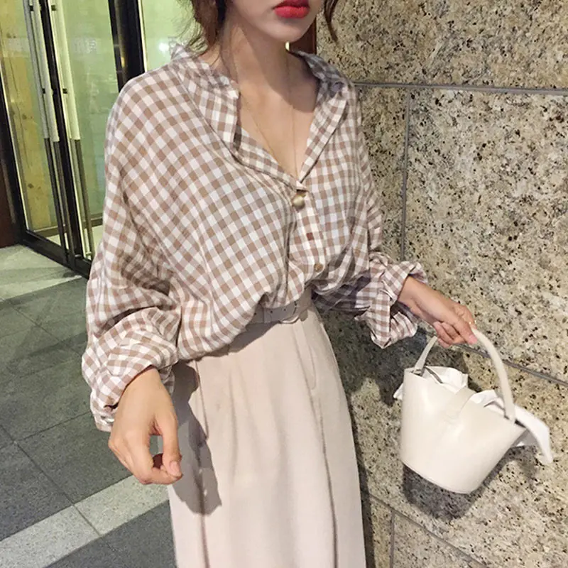 Batwings Sleeve Plaid Cotton Cute Sexy Women Shirts Stand Collar Oversize Female Tops Blouse Plus Size 5XL Casual Street Shirt