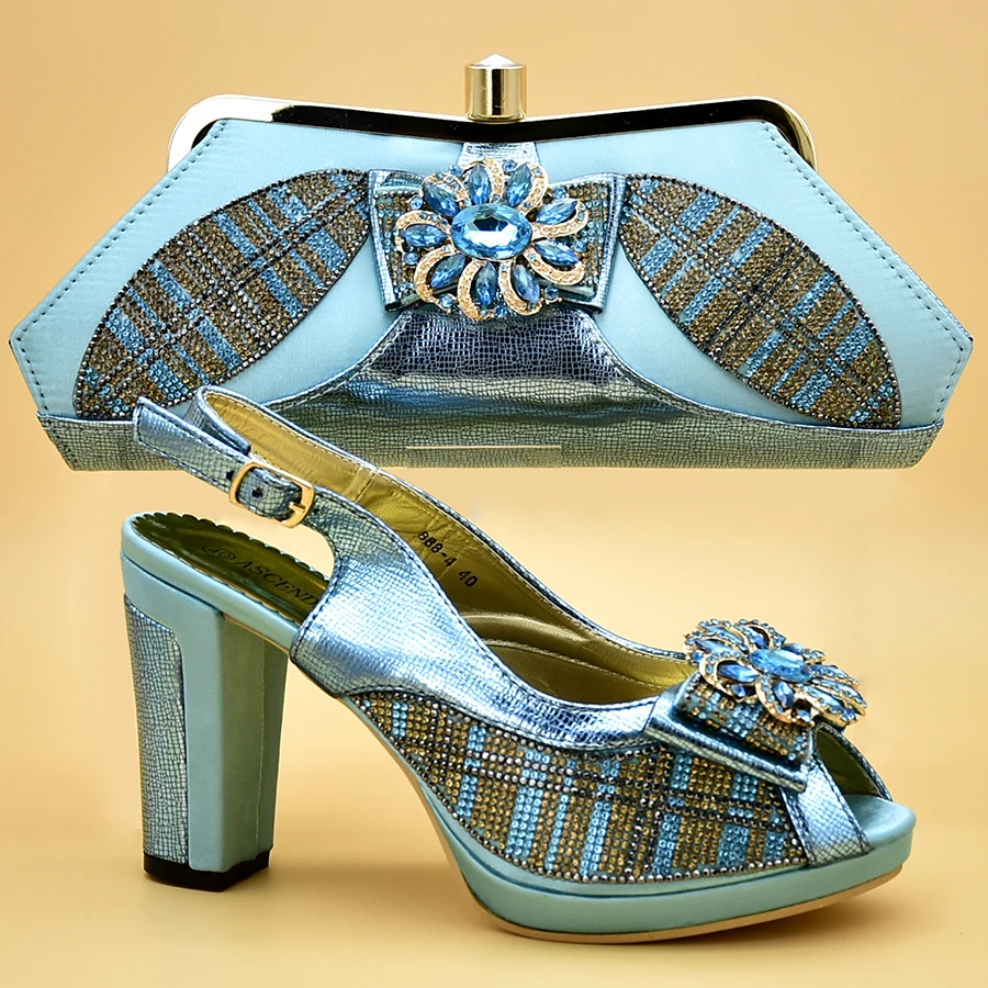 

2018 Latest African shoe and bag set for party Water blue Italian shoe with matching bag new design ladies bag with stones