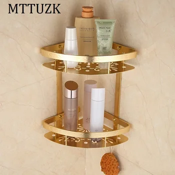 

MTTUZK Wall Mounted Thicker Space Aluminum Bathroom Shower Shelf Basket Holder Double Layers Corner Rack Double Shelves