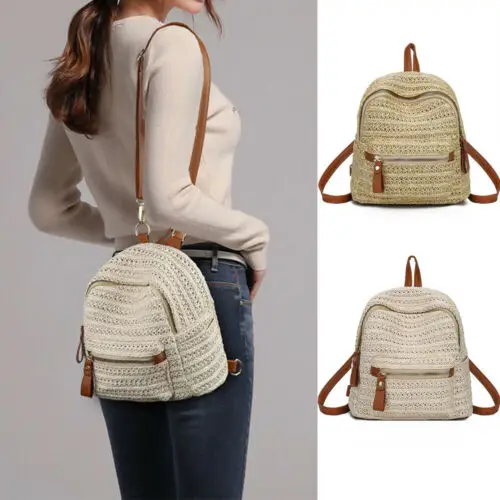 

Casual Women Anti-Theft Straw Mini Backpack Summer Shoulder Bag Satchel Tote Rucksack Girls Fashion Weave Hollow Beach Bag