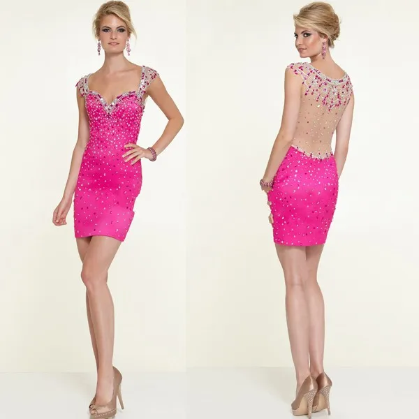 Stunning Beautiful Fuchsia Satin Full Beaded Prom Party Gown Cap Sleeve