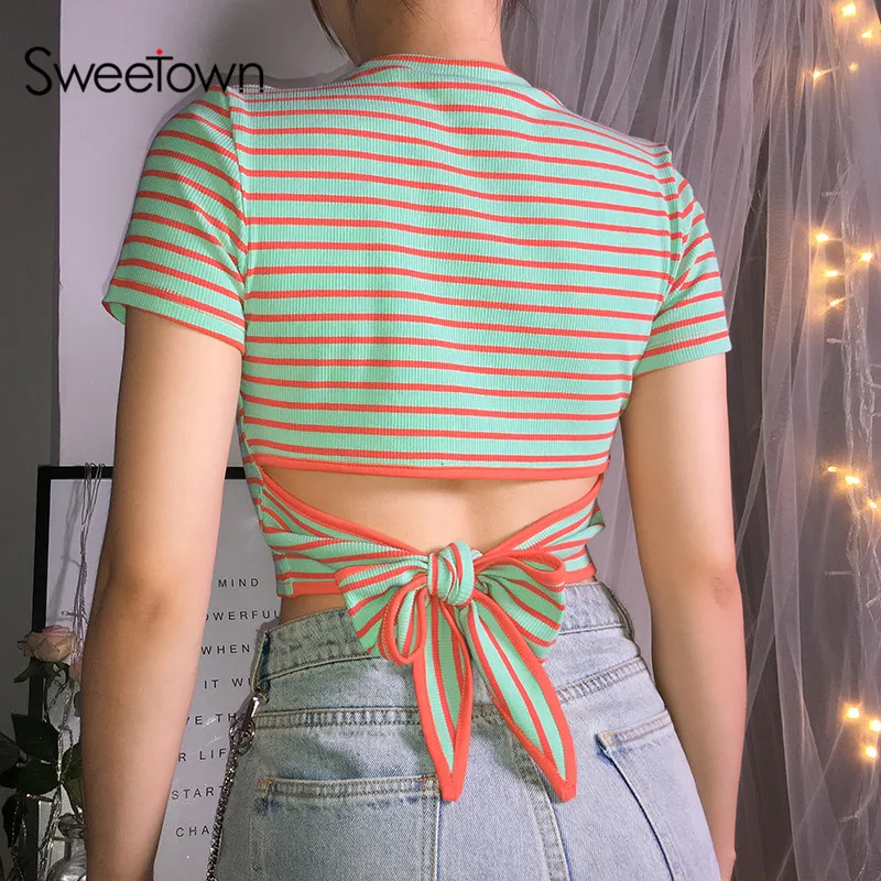 

Sweetown Women Slim Sexy Orange In Green Striped Crop Top T Shirt Short Sleeve O-Neck Back Hollow Out Bandage Top Tee Shirt