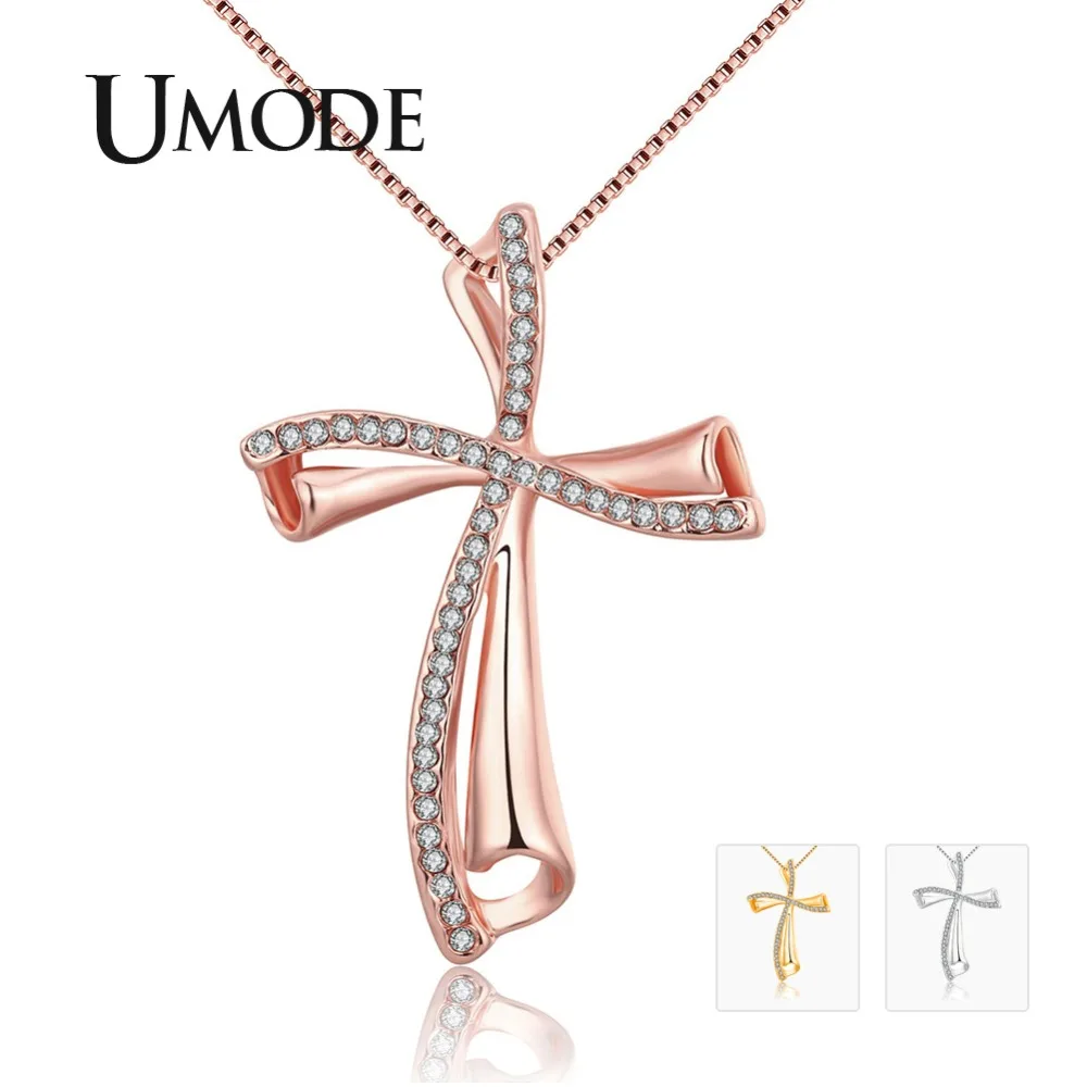 

UMODE 2019 New Round Zircon Crystal Pendant Necklaces for Women Rose&White Gold Necklaces Box Chain Czech Drill Jewelry AUN0349