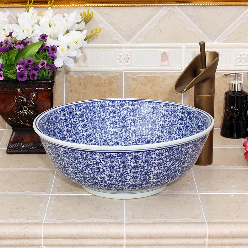 China Ceramic porcelain wash basin Art Porcelain Bathroom Vessel Sinks Round above countertop wash basin blue and white (18)