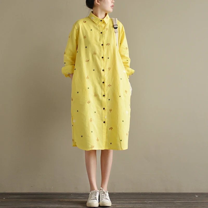 

TRCP Spring Autumn Women Casual Ultra Loose Plus Size Embroidery Thin Cotton Shirt Dresses Three Colors