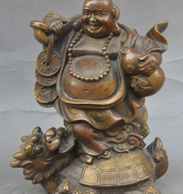 

8" china buddhism bronze Stand Dragon turtle wealth maitreya buddha money statue