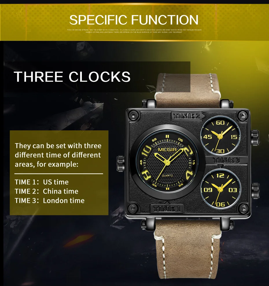 MEGIR мужские часы с несколькими часовыми поясами Топ бренд класса люкс водонепроницаемые прямоугольные армейские военные часы мужские наручные часы Reloj Hombre