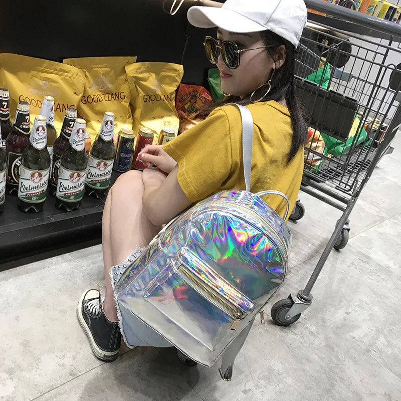 

ZYJ Girls Laser Hologram Backpacks Women Bright Shoulder School Backpack Reflective Leather Travel Casual Daypack Bag Mochila