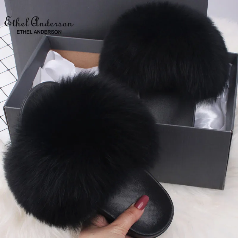 Ethel Anderson Women's Furry Slippers Popular Real Fox Hair Casual Slides Plus Fur Summer Sandals