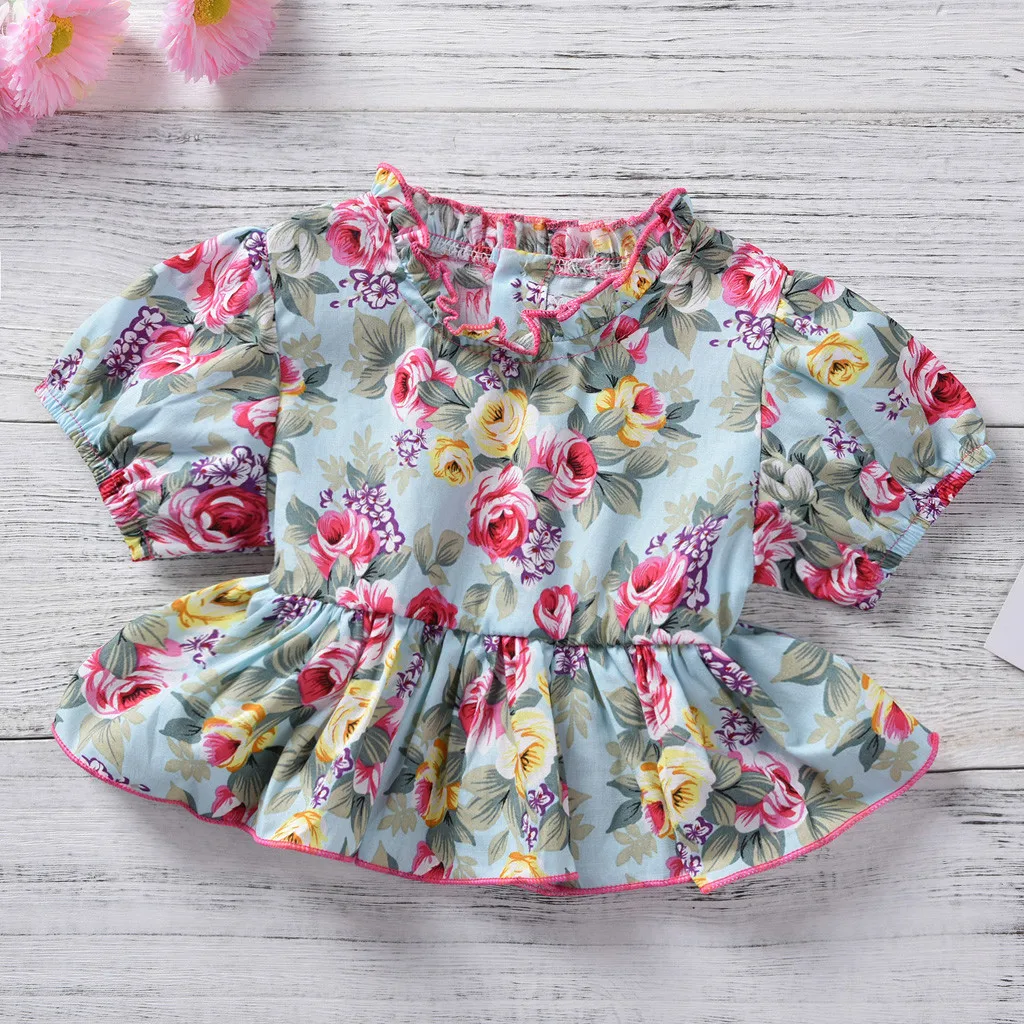 KLV cute infant newborn baby girl clothes cute newborn baby girl Flower Ruffle Print Tops+Bow Shorts Outfits Set clothes#y20