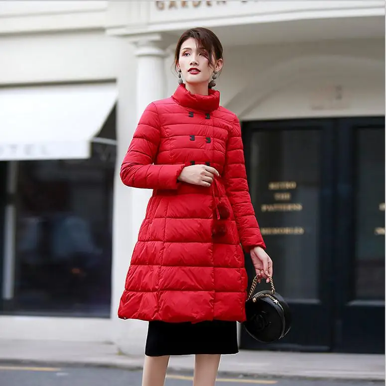 Ботинки из органической кожи новые зимние Для женщин Jackets2018Fashion куртка А-силуэта хлопковая куртка Для женщин с пояса Кнопка зимние пальто со стоячим воротником ParkasCQ2508 - Цвет: red