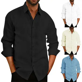 

Men Summer Linen Slim Long Sleeve Shirt Button Retro Casual Muscle Basic Tee Tops S-XXL