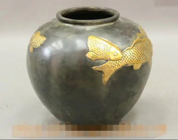

S3903 Folk Chinese Technics Bronze Gilt Wealth Lucky Fish Carp Statue Pot Bowl Jug