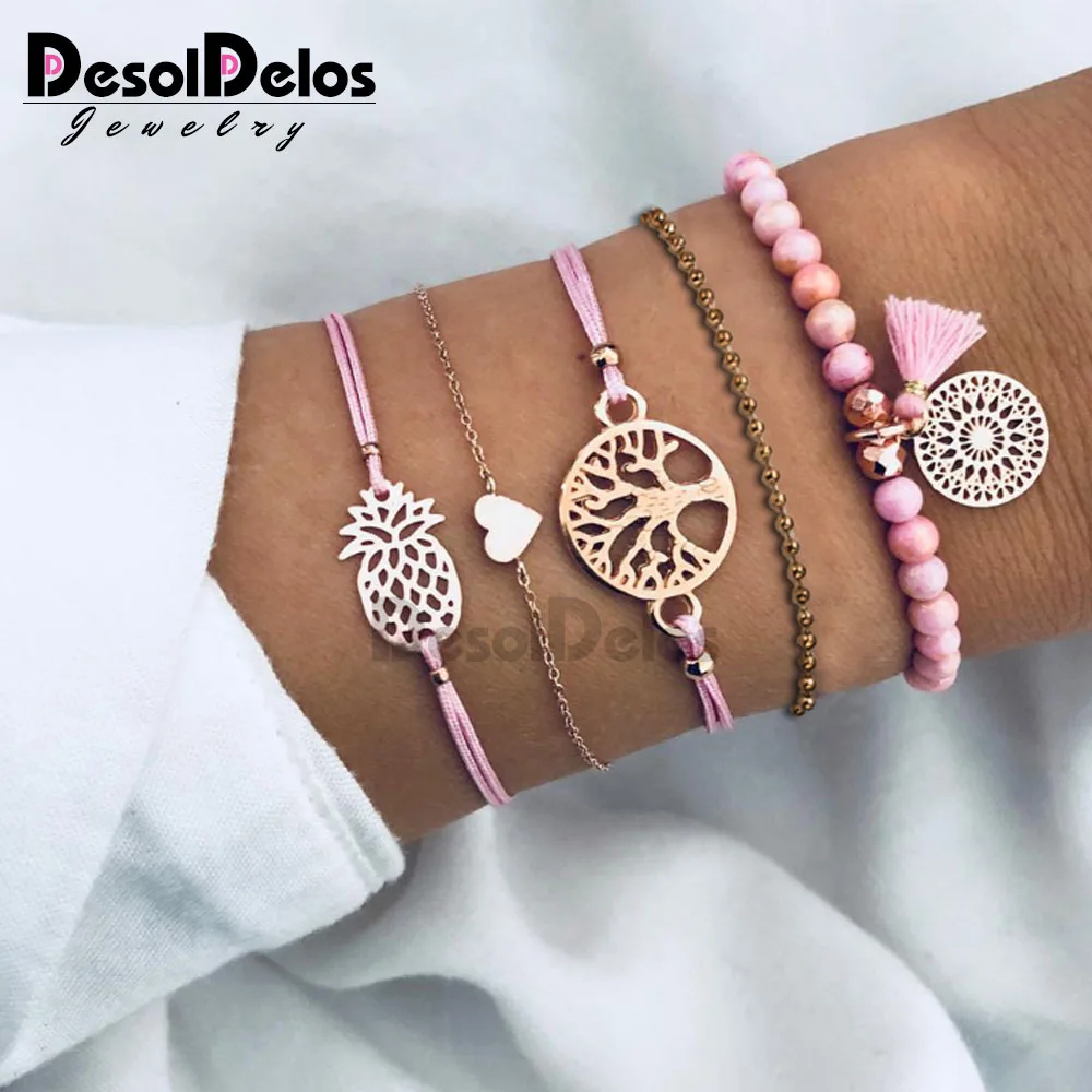 

5 PCS/Set Boho Pineapple Heart Coconut Tree Multilayer Bracelets for Women Pink Stone Hollow Pendant Tassel Bangle Cuff Jewelry