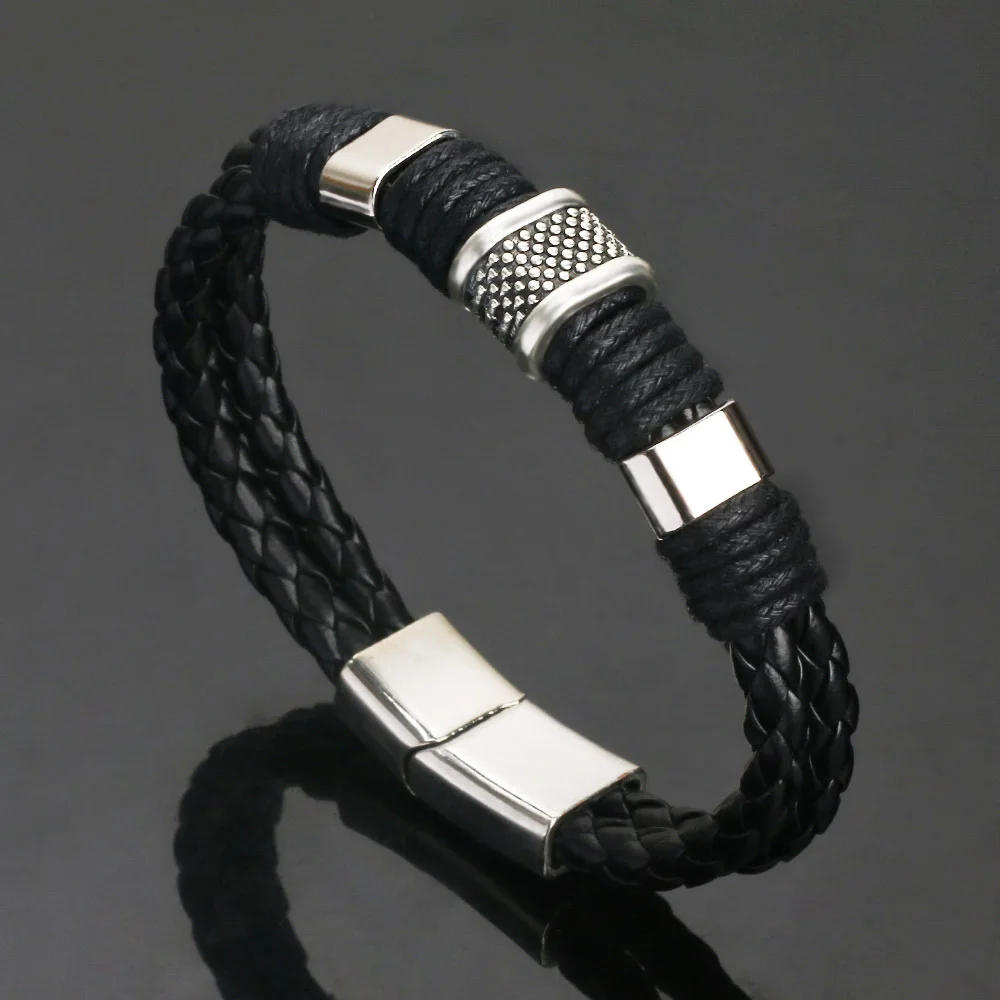 

NAIQUBE 2019 Fashion New Geometric Leather Bracelet For Men Steel Classic Wrap Bracelet For Men Jewelry Gift