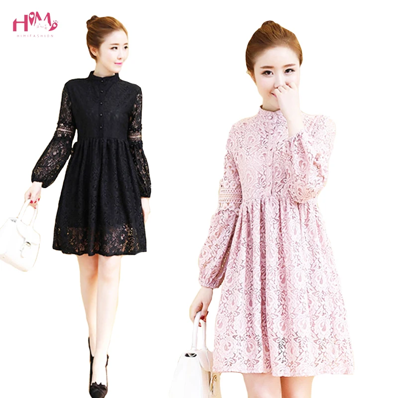 

2018 Spring Fashion Korean New Floral Hollow White Lace Dress Elegant Evening Party Women Long Sleeve Casual Pink Dresses