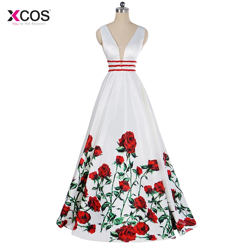 

Printed Floral Satin Evening Dresses Long V-Neck Beading Prom Dress Floor Length A Line Formal Special Occasion Party Gown