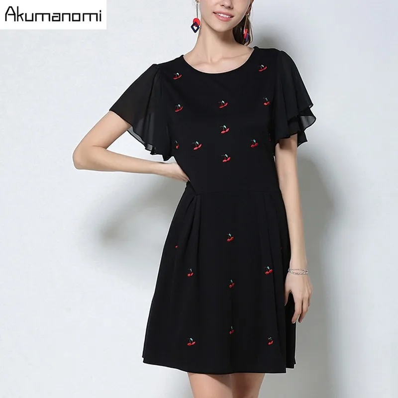 

Chiffon Dress Cherry Embroidered Round Collar Flare Sleeve Medium Style Brief Fashion Summer Dress Plus Size 5XL 4XL XXXL XXL XL