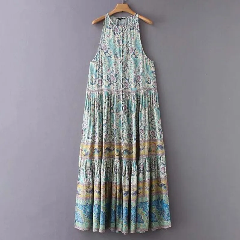 2019 Bohemian Open Buttons O neck Side Split Peacock Floral print Dress Woman Maxi Long Sleevless Dresses | Женская одежда