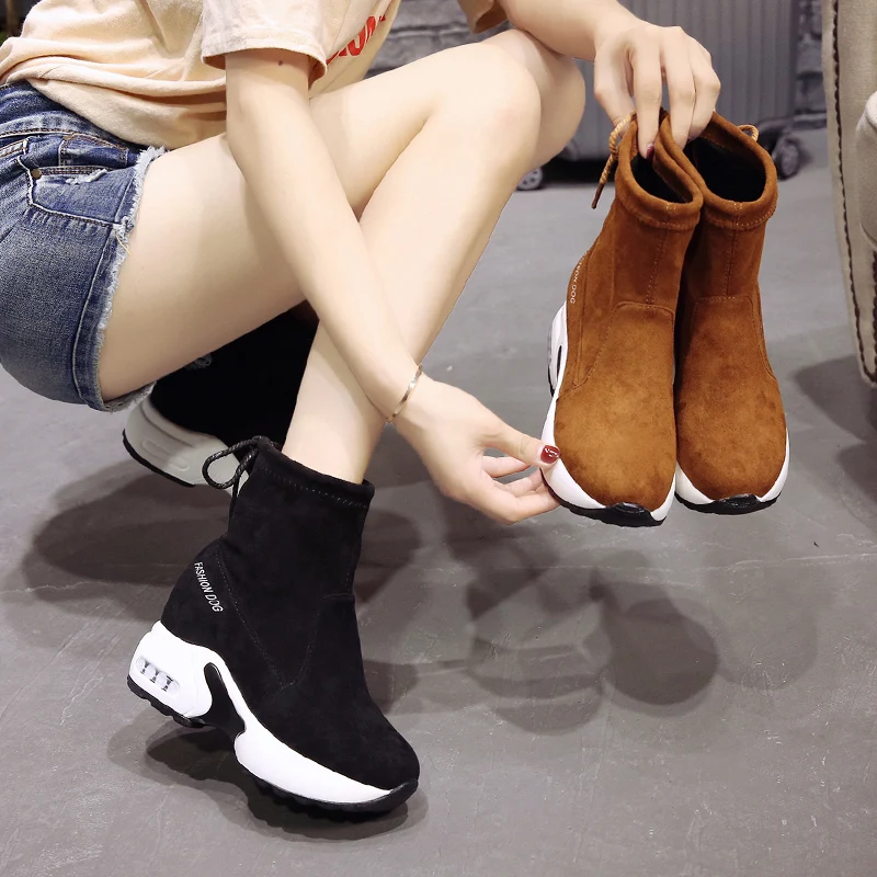 

2018 Women Boots Flats Suede Thick Bottom Ladies Ankle Boots Platforms Inside Height Increasing Lace up Female Sneakers Black