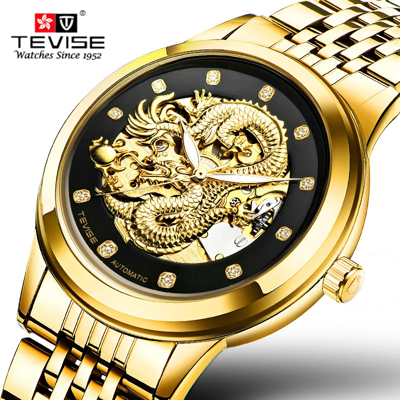 

relogio masculino Genuine TEVISE Mens Watches Top Brand Luxury Gold Dragon Sculpture Mechanical Watch Men Full Steel Wristwatch