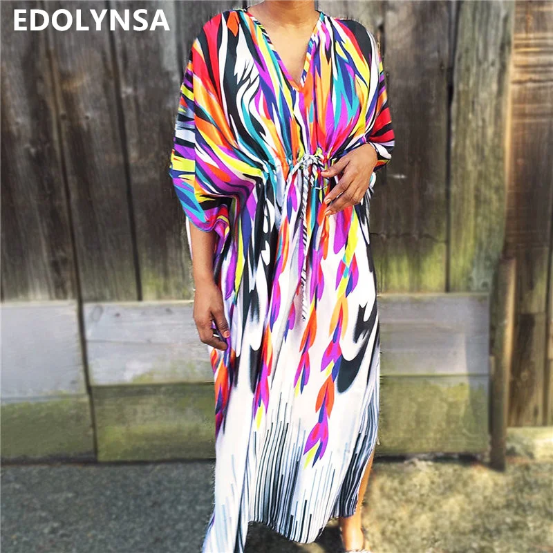 

Muticolored Cotton Tunic Women Summer Kaftan Beach Dress Casual Printed High Waist Three Quarter Sleeve Side Split Dress N641