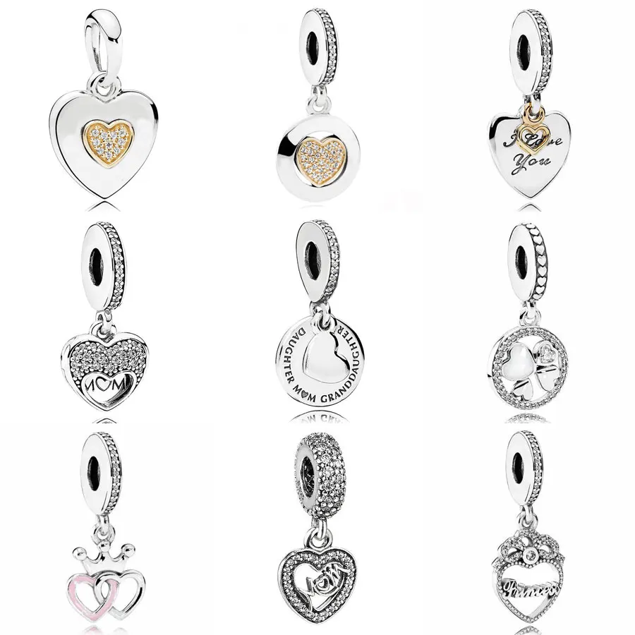 

Three Generations Crown PAN Two-Tone Signature Love Heart Pendant Charm Fit Pandora Bracelet 925 Sterling Silver Bead Jewelry