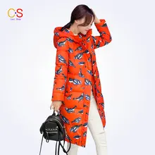 Long Style Women Coat With Bird Print Ladies Hooded Neckline Jackets Slim Fit Female Outwears Down Parkas