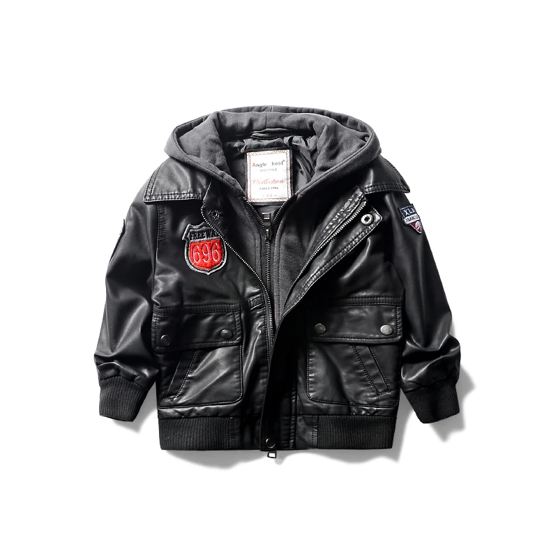 Children's leather jacket new children's clothing fake two piece hooded