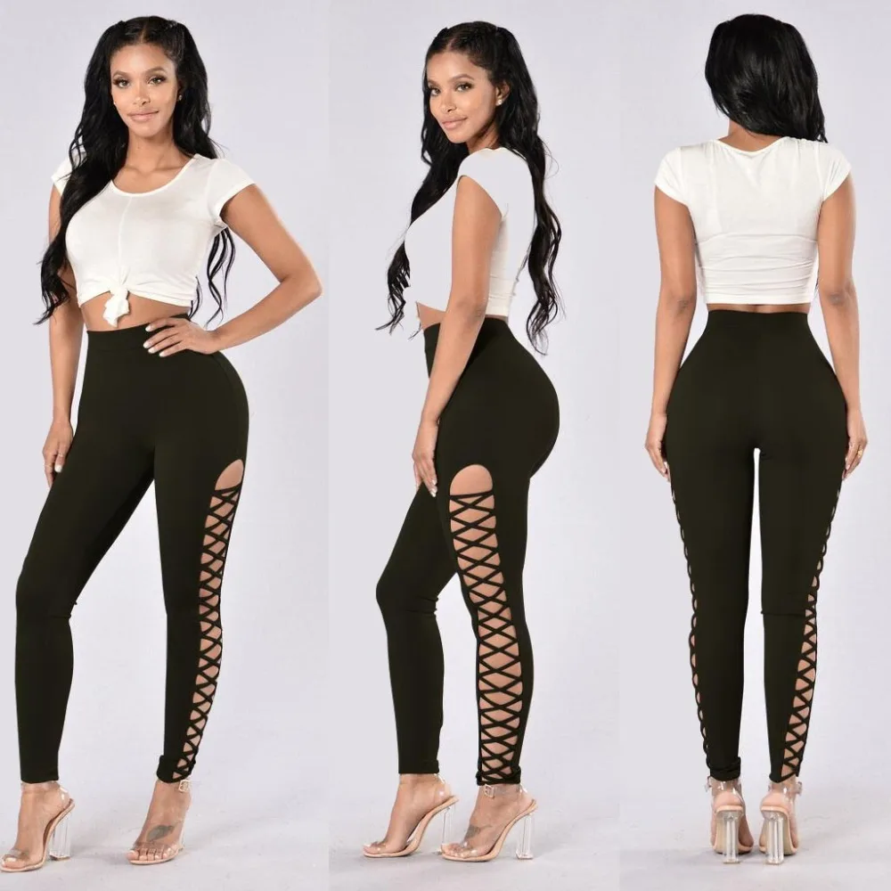 European style bodysuit women leggings side lace up bandage bodycon