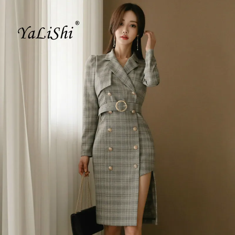 

Women Plus Size Asymmetrical Dress Autumn Gray Full Sleeve Knee-length Plaid Button Vintage Office Club Dress Suit Wrap Dresses