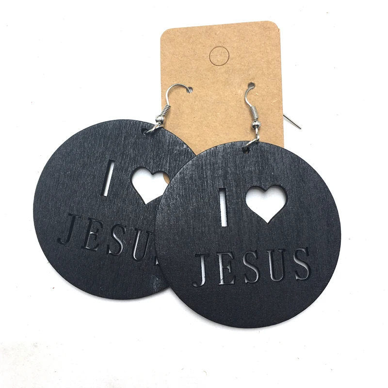 Бесплатная доставка! 6 пар/лот деревянные серьги с надписью I love Jesus можно смешать 3