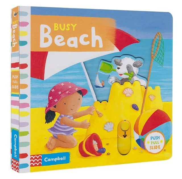 

Campbell Busy Beach push pull slide movable Mechanical book English picture flap board book baby kids early education toy