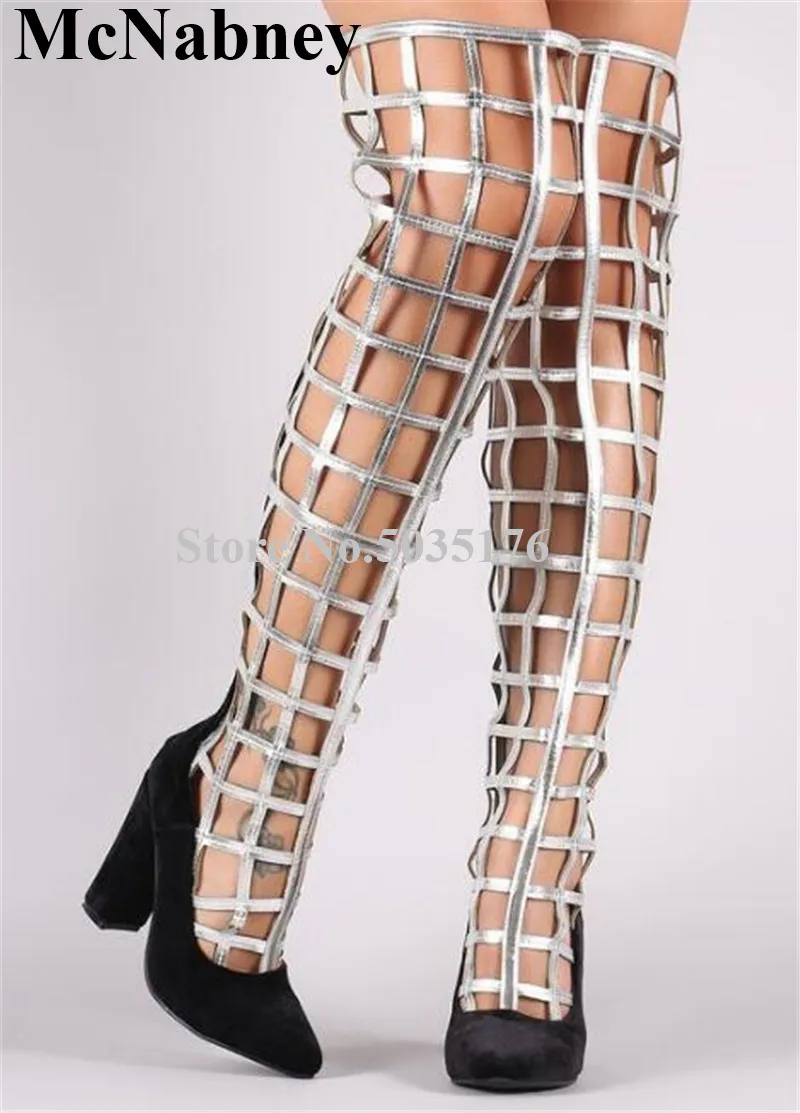 

2019 European Fashion Sexy Pointed Toe High Hoof Heel Squared Hollow Over Knee Boots Zip Long Boots Spring/Autumn Women Shoes