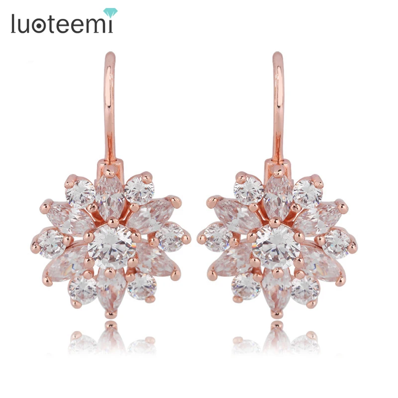 

LUOTEEMI Clip on Earrings for Women Luxury Rose Gold-Color Flower Hoop Brincos with Zircon Stone Women Gift Factory Wholesale